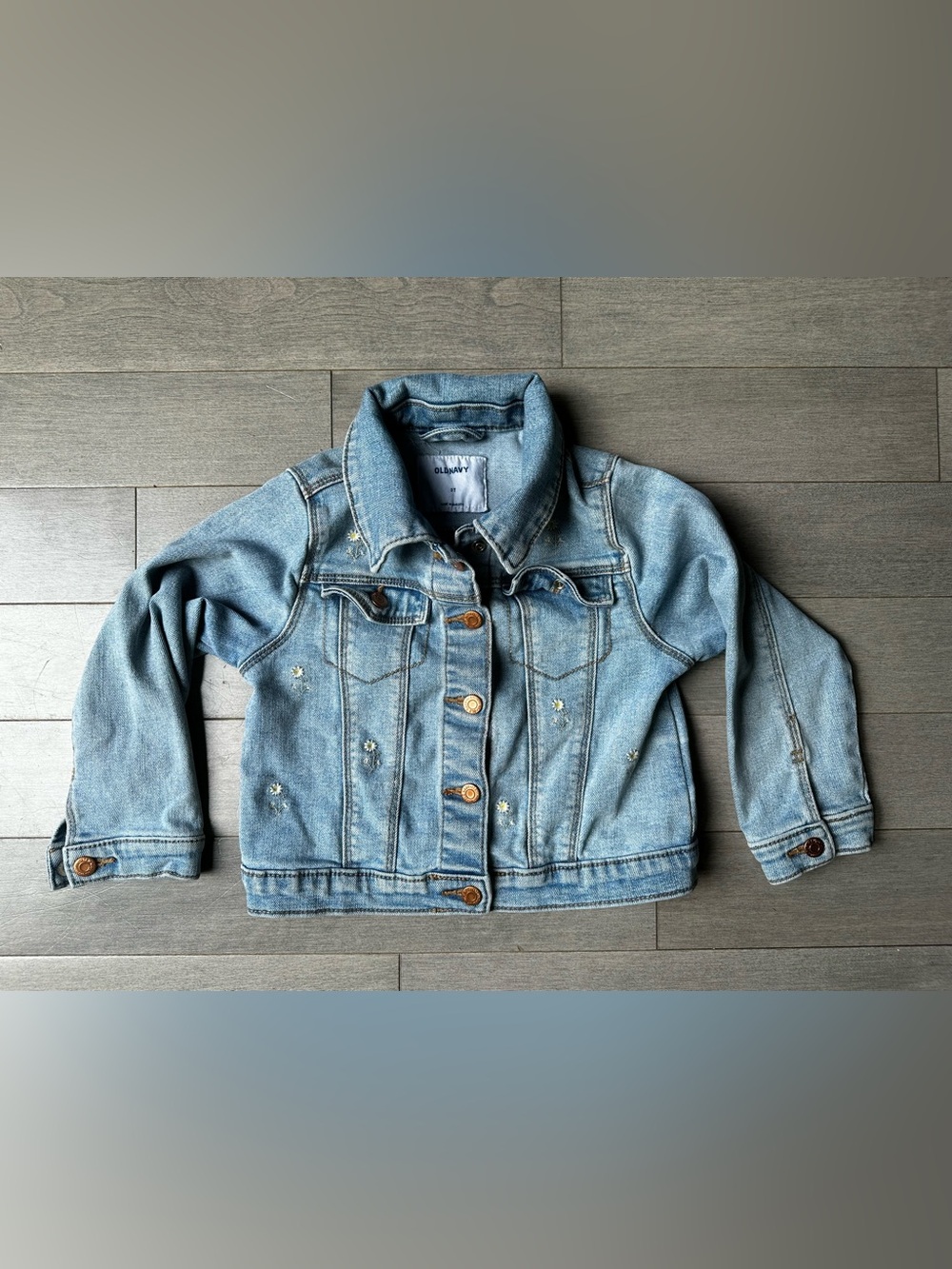 Kids Girls Old Navy Blue Denim Button Front Jean Jacket With Flowers Pockets 3T